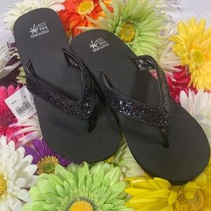 3/$10🙌 Black Glitter Thong Wedge Sandal - Sz 6